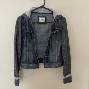 MUDD slightly distressed faded denim jacket with cloth sleeves and hood